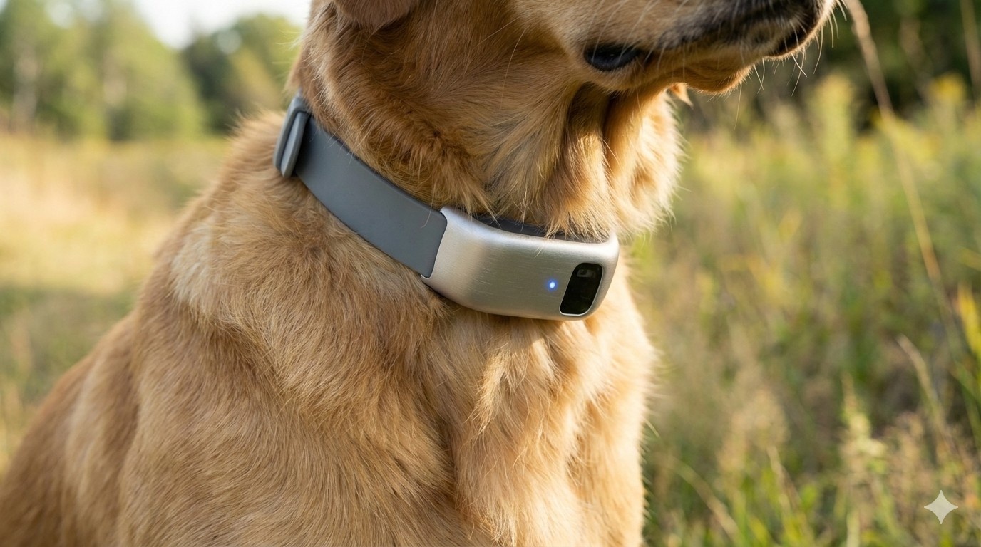 Close-up of a modern smart dog collar on a dog’s neck with a glowing status indicator