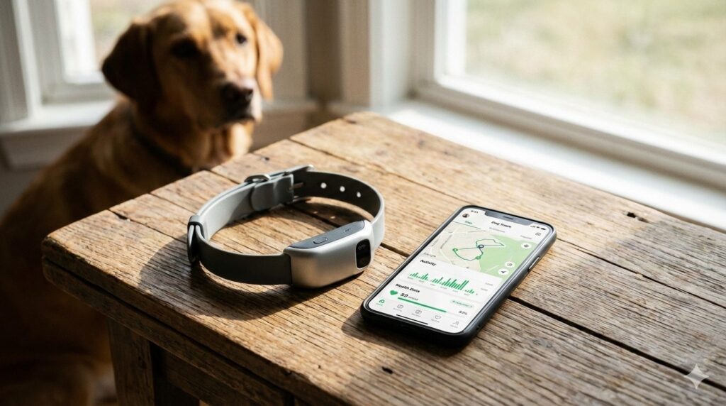 Smart dog collar placed beside a smartphone showing a dog tracking app, with a dog resting in the background