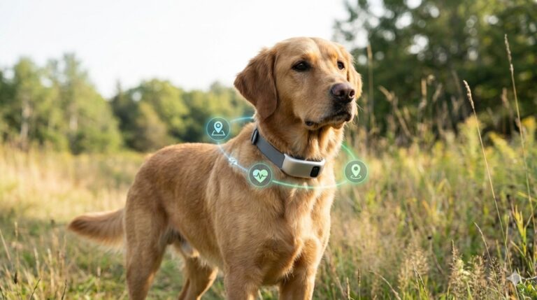 Dog wearing a smart dog collar with visual indicators for GPS tracking and health monitoring