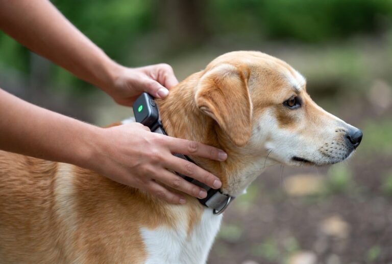 A human hand gently checking the fit or placement of a smart collar on a dog's neck