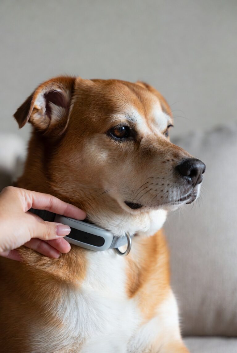 A human hand gently checking the fit or placement of a smart collar on a mid-sized dog's neck
