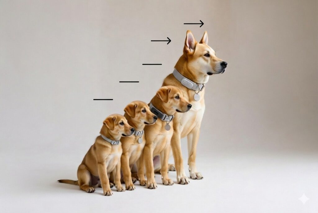 puppy growing into an adult dog , each wearing a perfect smart collar