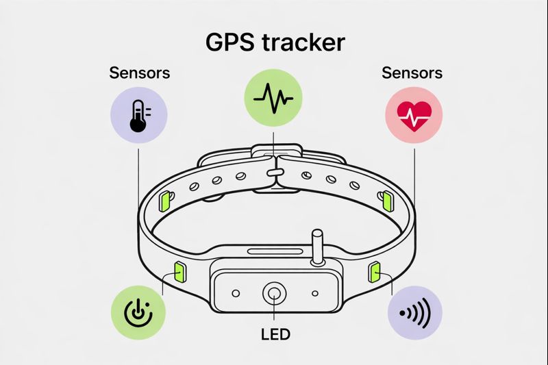 Diagram showing the internal and external components of a smart dog collar (GPS tracker), including sensors for temperature, heart rate and LED light.