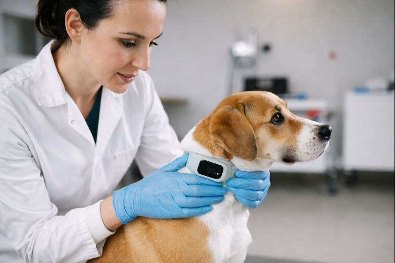 A Vet inspecting a dog's neck wearing a smart collar