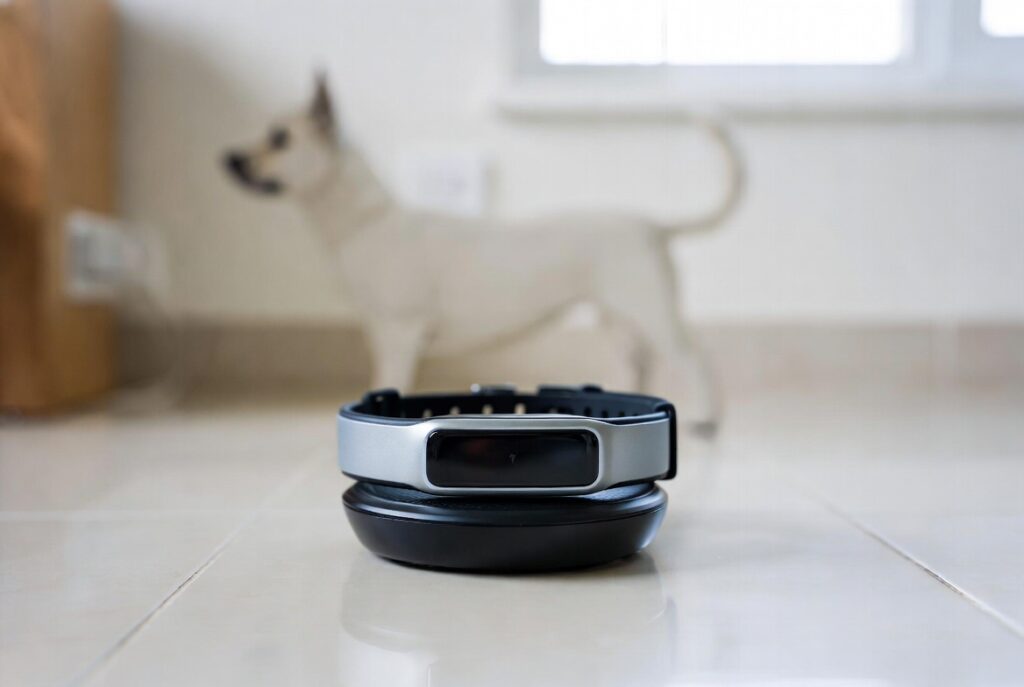 A smart collar is charging on its charging dock.