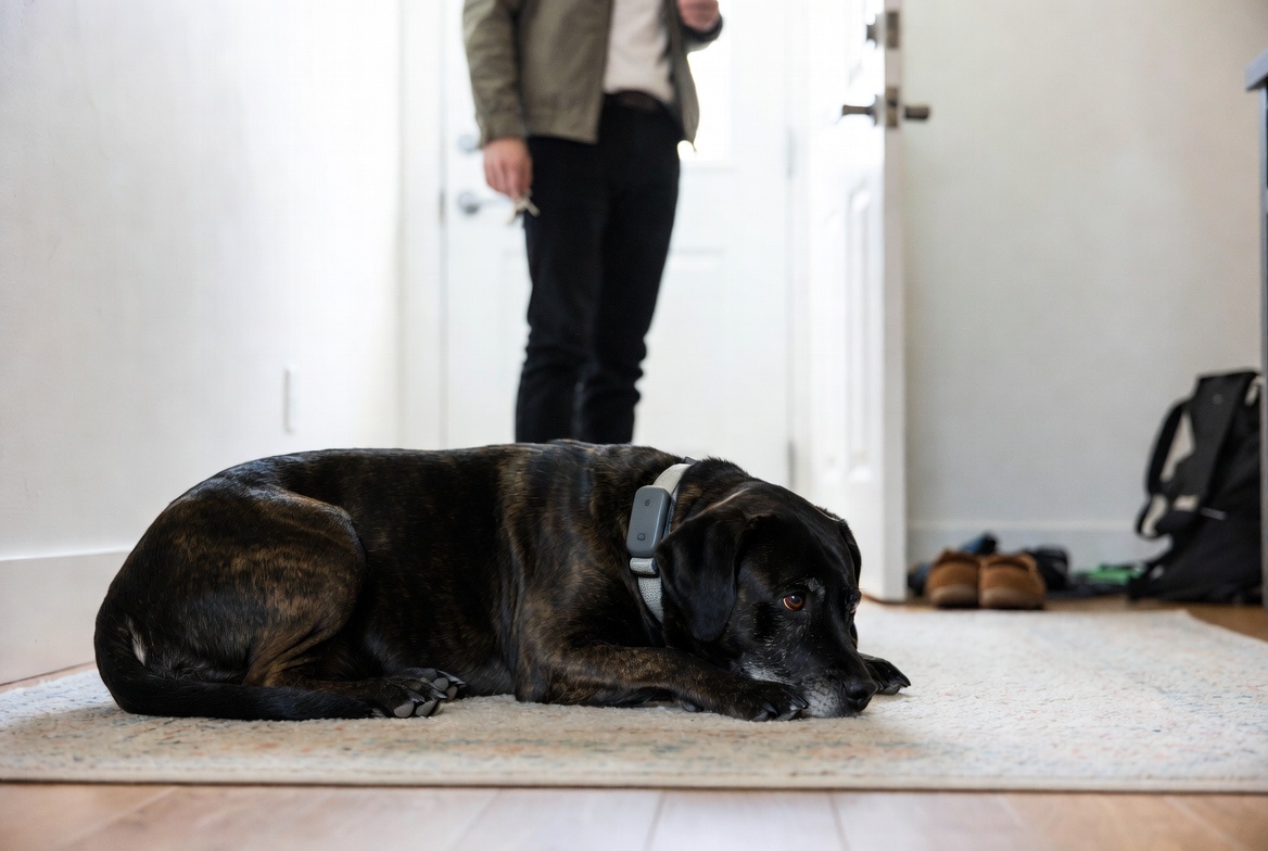 An anxious dog resting its head on the floor while the owner leaves the apartment, illustrating smart collars for anxious dogs
