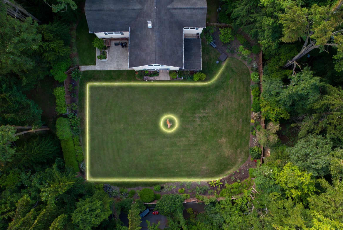 view of a backyard showing a dog wearing a smart collar inside a clearly drawn virtual GPS fence boundary
