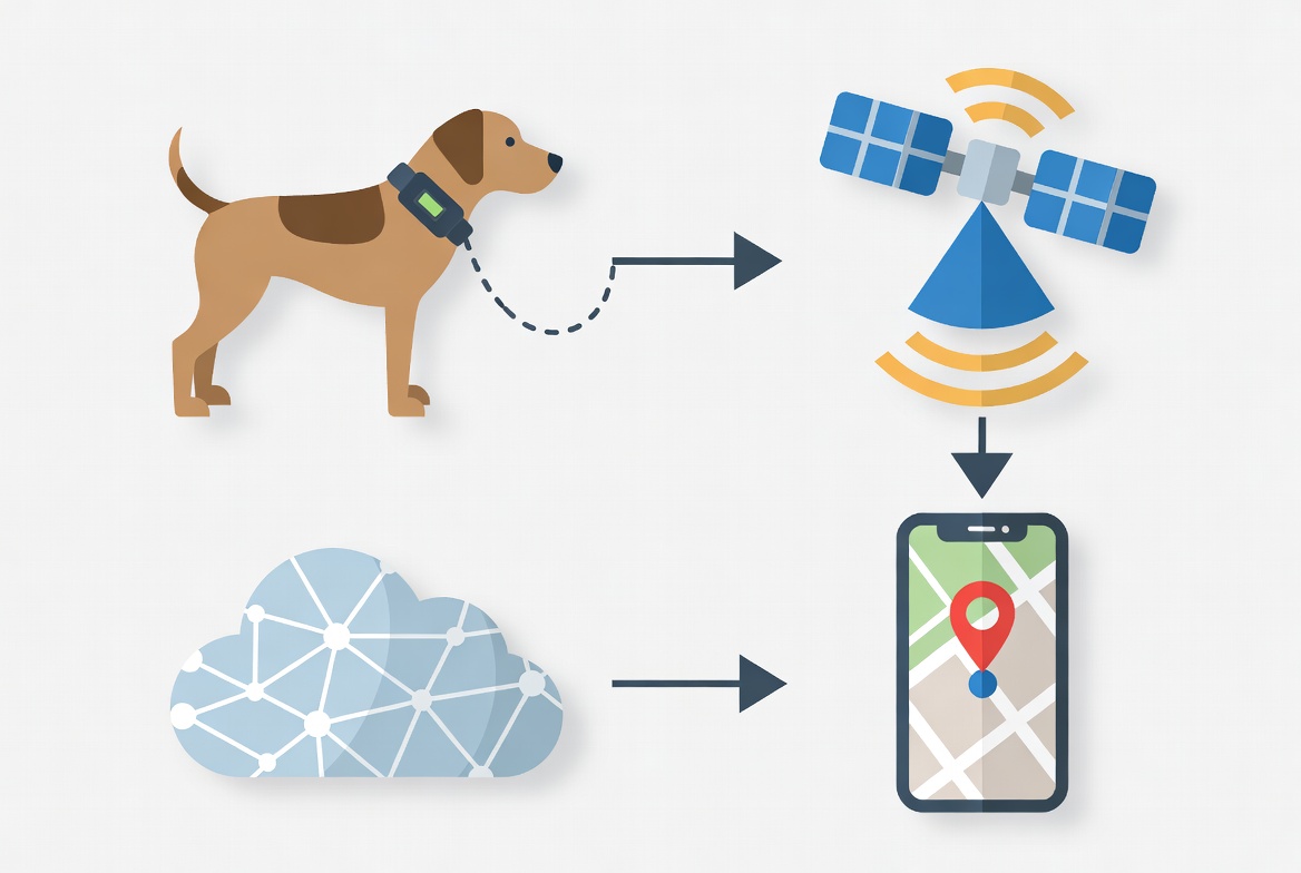 Diagram illustrating GPS dog collar location tracking through satellites and cellular coverage