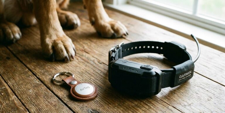 AirTag and GPS dog collar placed side by side