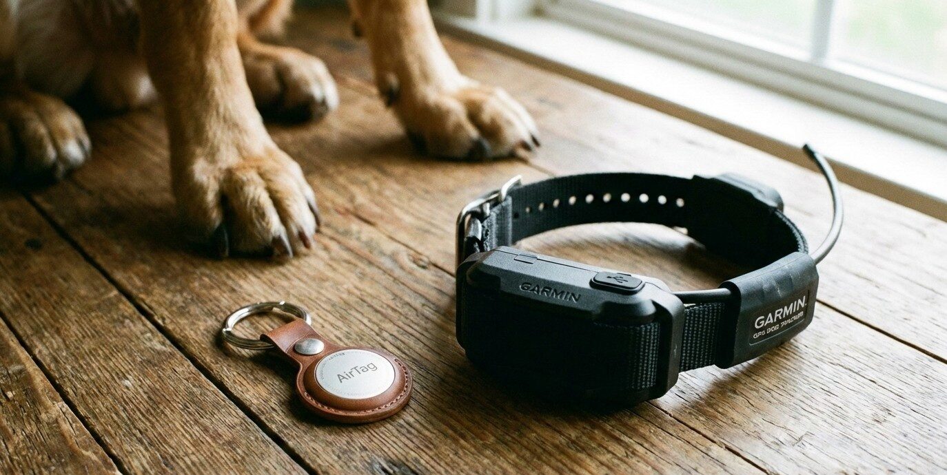 AirTag and GPS dog collar placed side by side