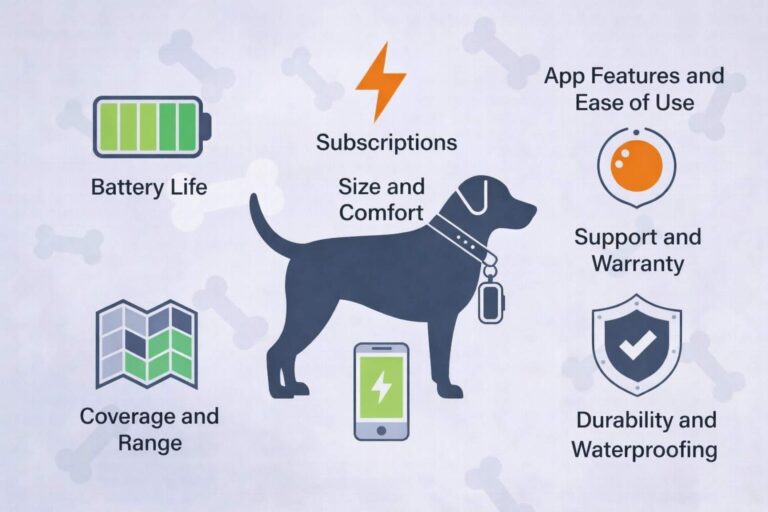 Illustration showing important factors to evaluate when buying a dog GPS tracker, including battery life, coverage range, subscription costs, durability, and app usability.