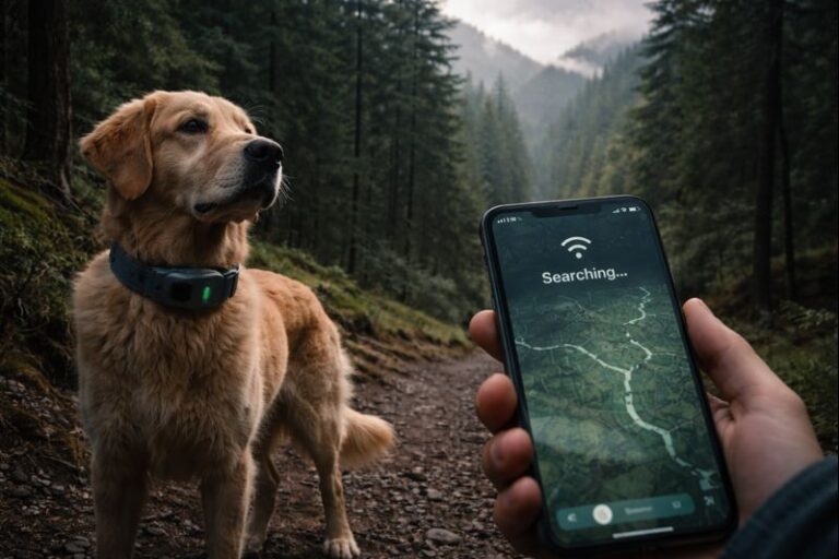 Dog wearing a GPS tracker during a forest hike while owner checks location reliability on phone