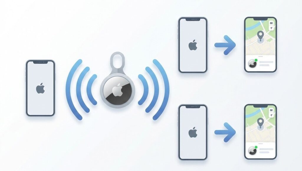Diagram illustrating AirTag location tracking via Apple’s Find My network through nearby phones.