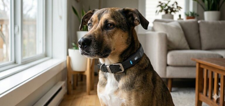 A dog wearing a smart collar for anxious dogs indoors, showing subtle signs of anxiety while standing near a window