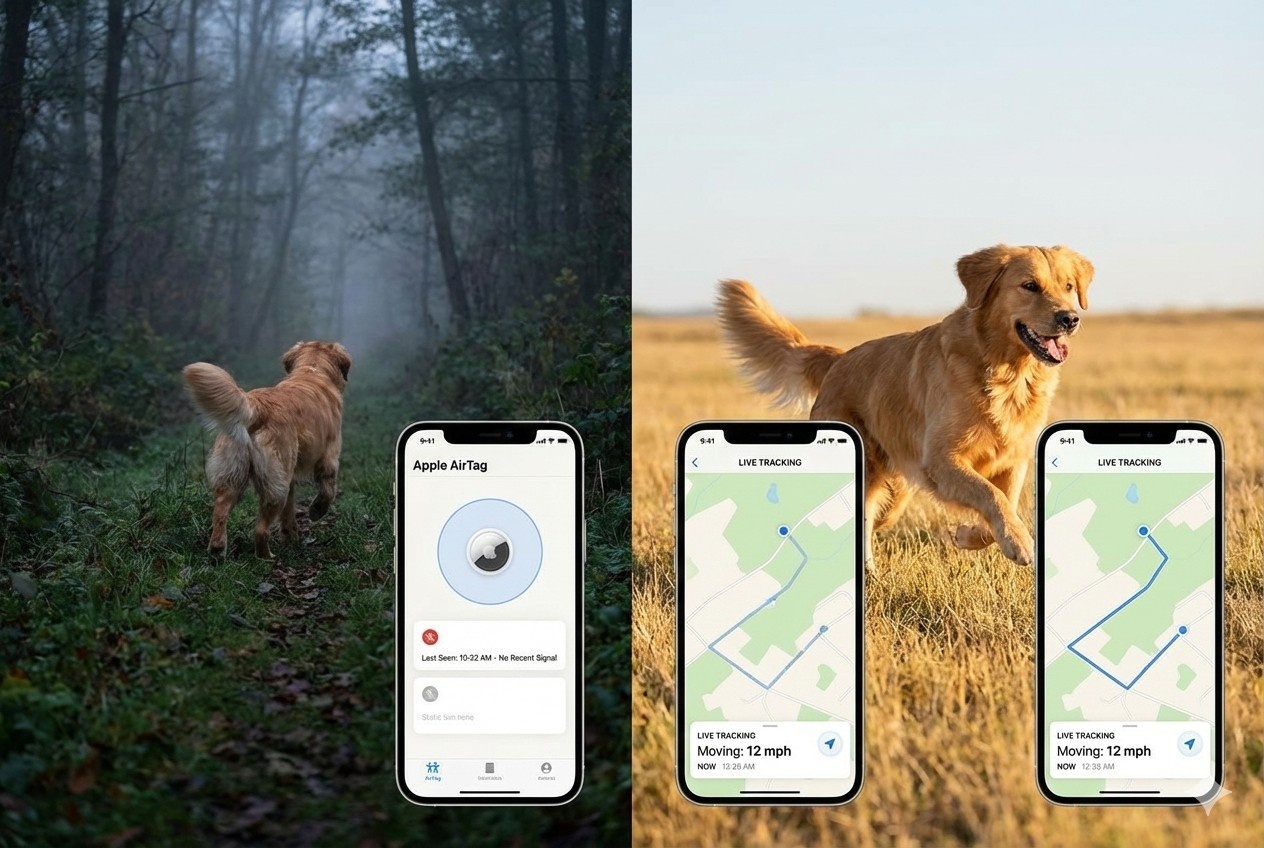 Split image comparing Airtag Vs GPS Dog Collar where an AirTag failing to show a dog’s location in a forest versus live GPS tracking on a mobile app