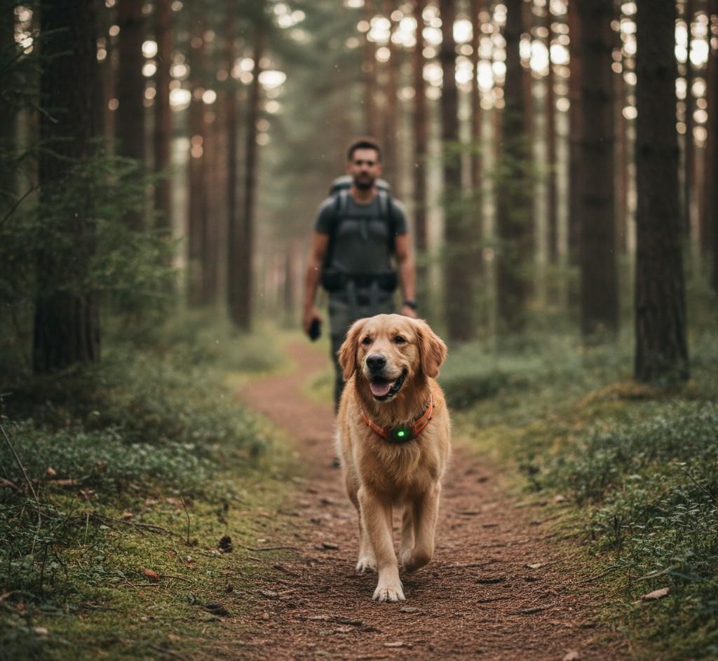 Owner following a dog with a GPS collar on a forest path, showing real-world conditions where are GPS dog trackers reliable matters most.