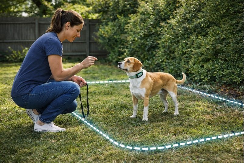 Dog owner training a dog wearing smart dog collar with a virtual fence to respect its boundary in a backyard, using treats and positive reinforcement.