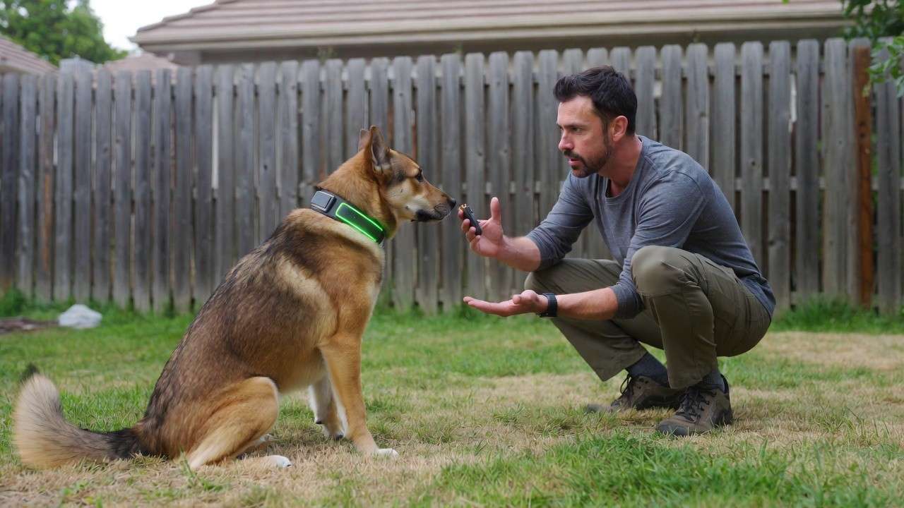 Dog undergoing recall training with owner