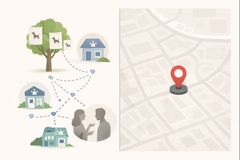 Illustration of posters, shelters, and people on one side and a GPS map pin on the other, showing how do GPS collars help find lost dogs.