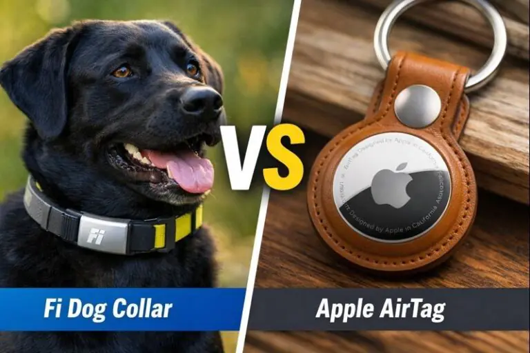 Fi dog collar vs AirTag comparison showing a dog wearing a Fi collar and an Apple AirTag attached to a key holder