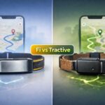 Fi vs Tractive GPS dog collar comparison showing illustrative images of two tracking collars side by side with map routes in the background