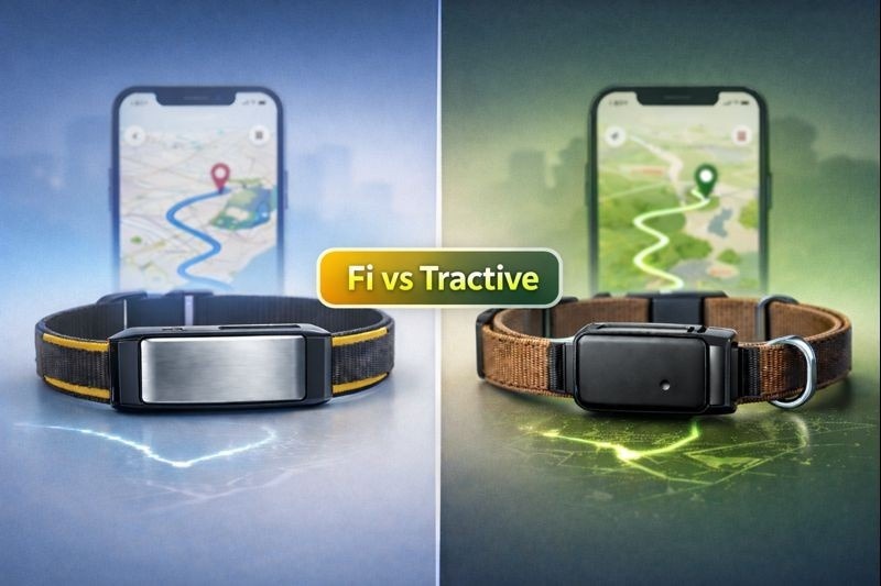 Fi vs Tractive GPS dog collar comparison showing illustrative images of two tracking collars side by side with map routes in the background