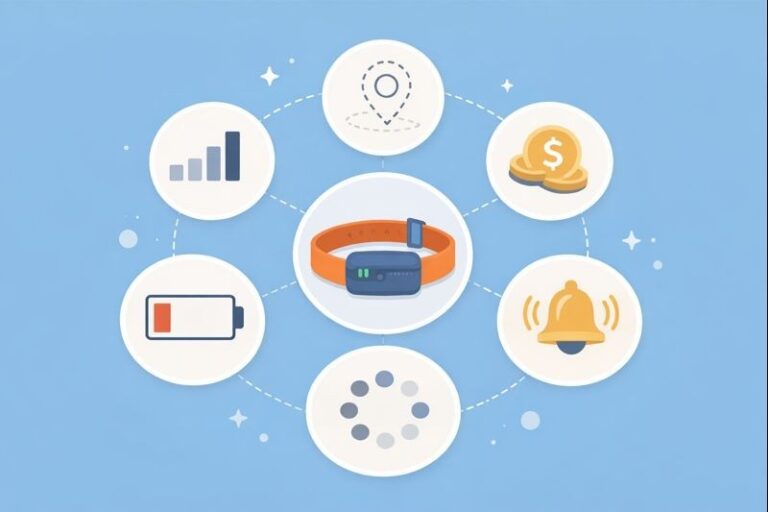 Illustration showing GPS dog collar problems like signal loss, battery drain, alerts, loading delays, and subscription costs