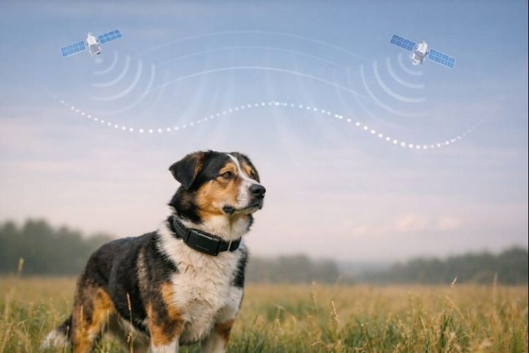 Visual showing how GPS dog collars work using satellite signals to estimate a dog’s location