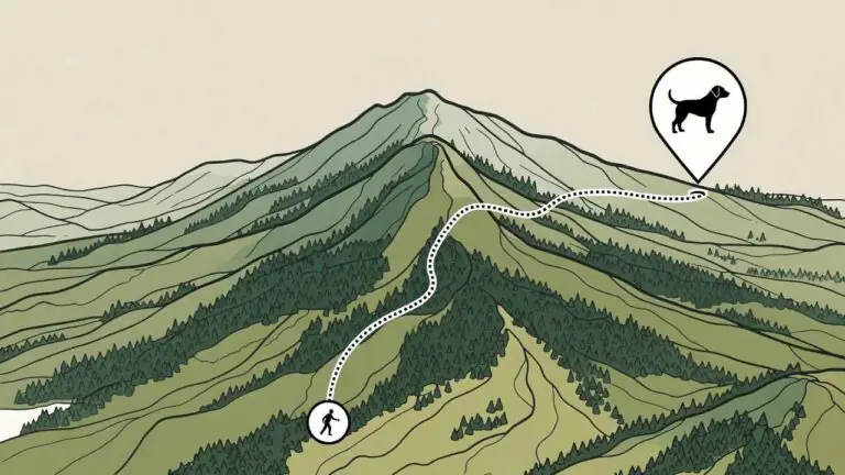 Top-down map showing rugged terrain with a dotted GPS path from a hunter icon to a distant dog icon