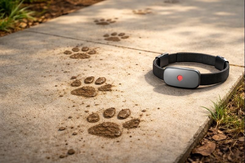 Muddy dog paw prints on a sidewalk with a GPS collar beside them, showing how do GPS collars help find lost dogs.