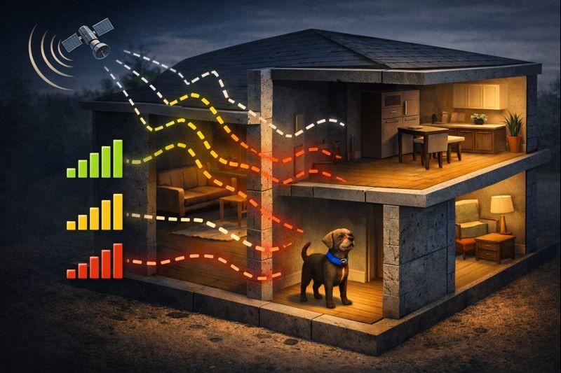 GPS Dog Collar Accuracy Indoors illustrated by a cutaway home showing tracking signals weakening through walls while a dog stands inside