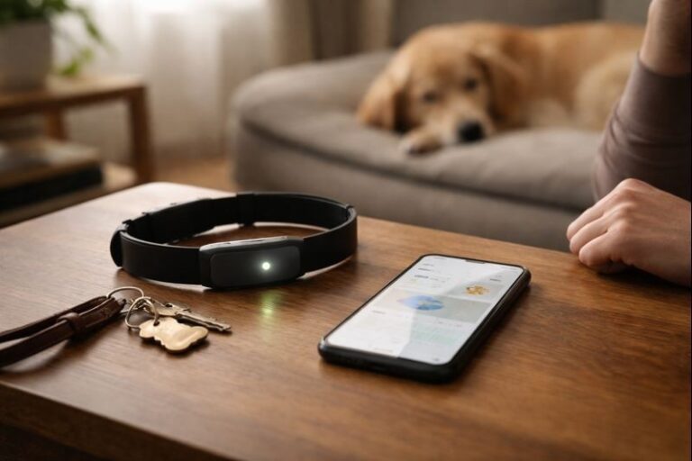 Do smart dog collars really work in everyday life, shown by a smart collar and phone on a table while a dog rests in the background
