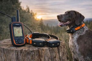 Garmin Alpha 300 vs Alpha 10 dog tracker setup with handheld device, GPS collars, and hunting dog in outdoor environment