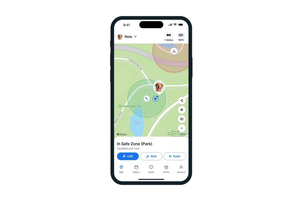 Tractive app showing the tractive virtual fence updates from the safe zone. 