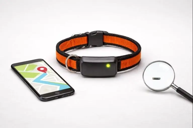 GPS dog collar vs microchip shown with a tracking collar, smartphone map, and magnifying glass highlighting a tiny pet microchip