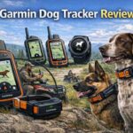 Garmin dog tracker review showing Alpha handheld device, GPS collars, and hunting dog in outdoor terrain