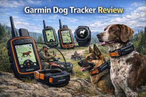 Garmin dog tracker review showing Alpha handheld device, GPS collars, and hunting dog in outdoor terrain