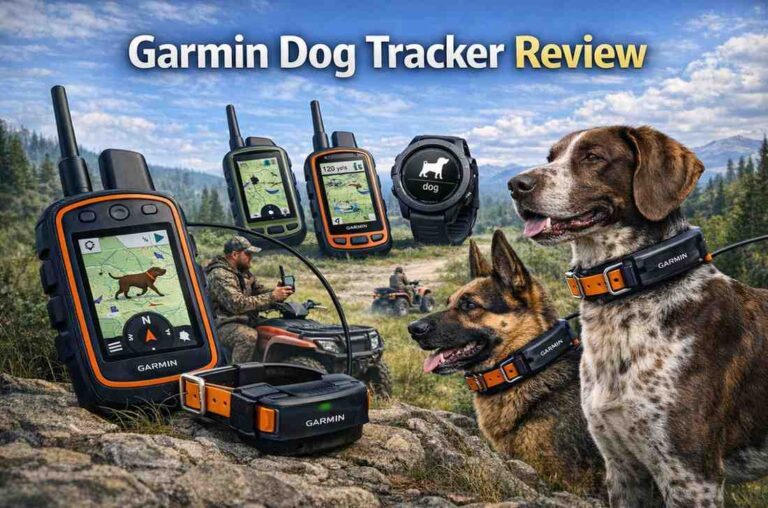 Garmin dog tracker review showing Alpha handheld device, GPS collars, and hunting dog in outdoor terrain