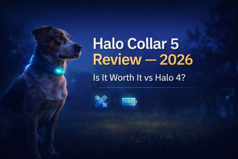Halo Collar 5 review image showing dog with GPS collar at night