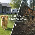 Halo Collar vs SpotOn Fence comparison showing a suburban yard on one side and a forest property on the other.