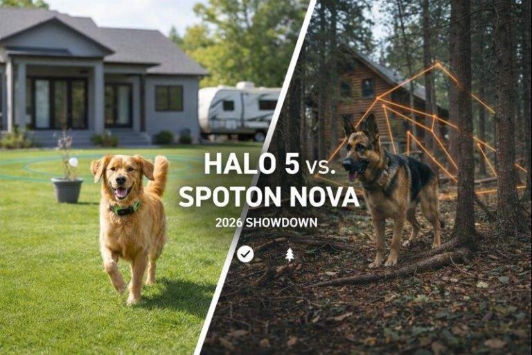 Halo Collar vs SpotOn Fence comparison showing a suburban yard on one side and a forest property on the other.