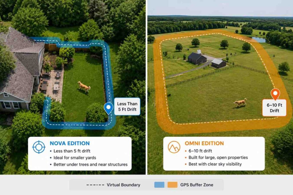 SpotOn Nova vs Omni GPS fence accuracy comparison showing suburban yard versus large rural property"