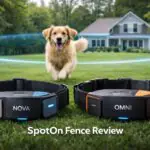 Spot On Nova vs Omni GPS collars displayed side-by-side on grass with a golden retriever and a virtual fence boundary in the background.
