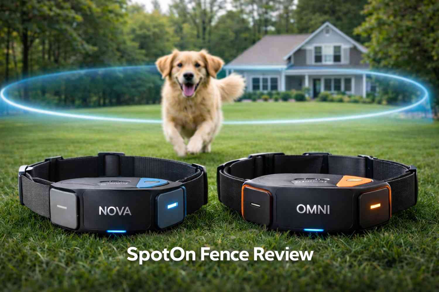 Spot On Nova vs Omni GPS collars displayed side-by-side on grass with a golden retriever and a virtual fence boundary in the background.