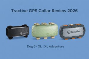 Tractive GPS Collar Review comparison image showing Dog 6, XL, and XL Adventure models side by side