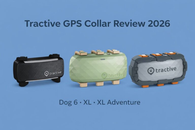 Tractive GPS Collar Review comparison image showing Dog 6, XL, and XL Adventure models side by side