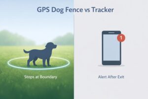 GPS dog fence vs GPS tracker comparison showing boundary containment vs alert notification
