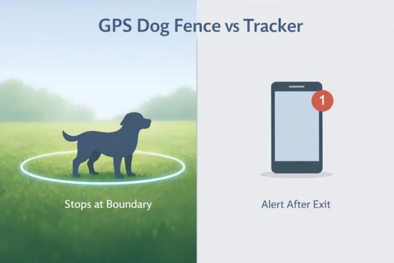 GPS dog fence vs GPS tracker comparison showing boundary containment vs alert notification