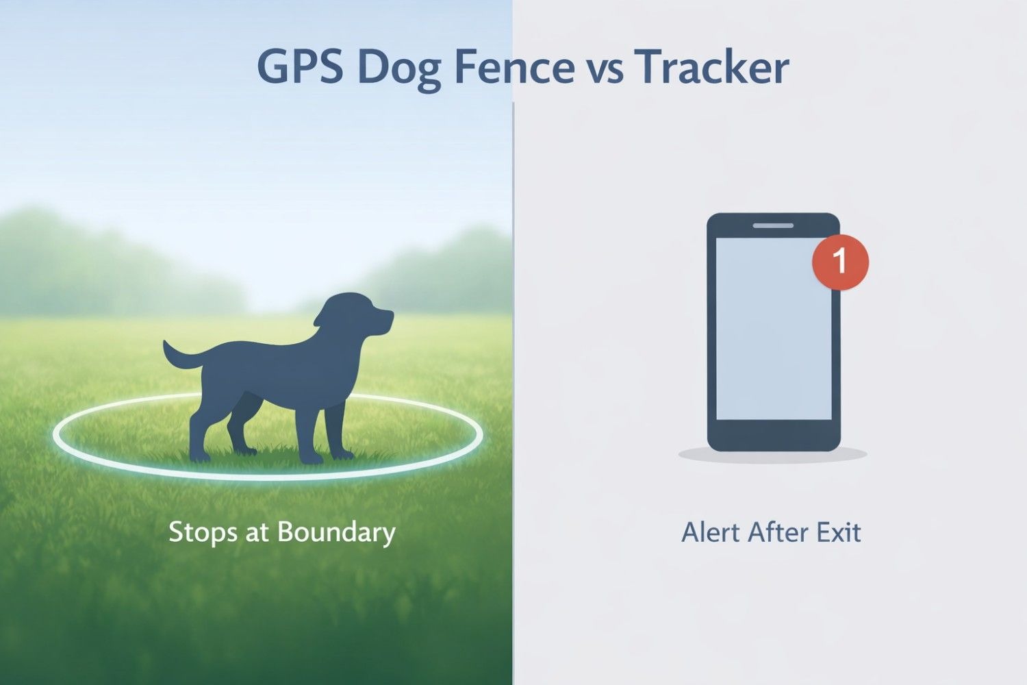GPS dog fence vs GPS tracker comparison showing boundary containment vs alert notification