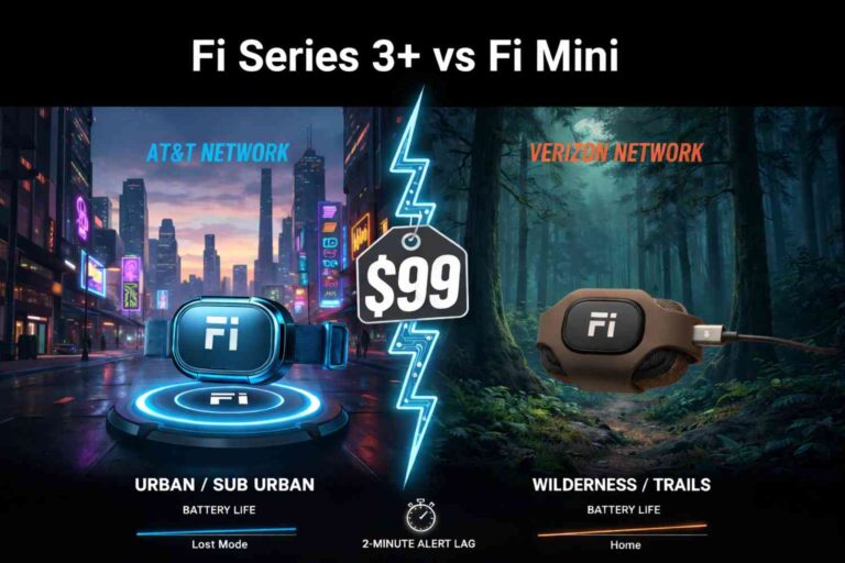 Fi Series 3+ vs Fi Mini comparison showing AT&T vs Verizon coverage and battery use